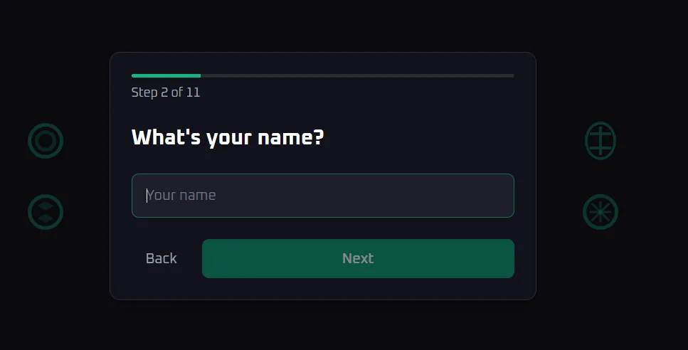 Onboarding screen asking for your name, step 2 of 11