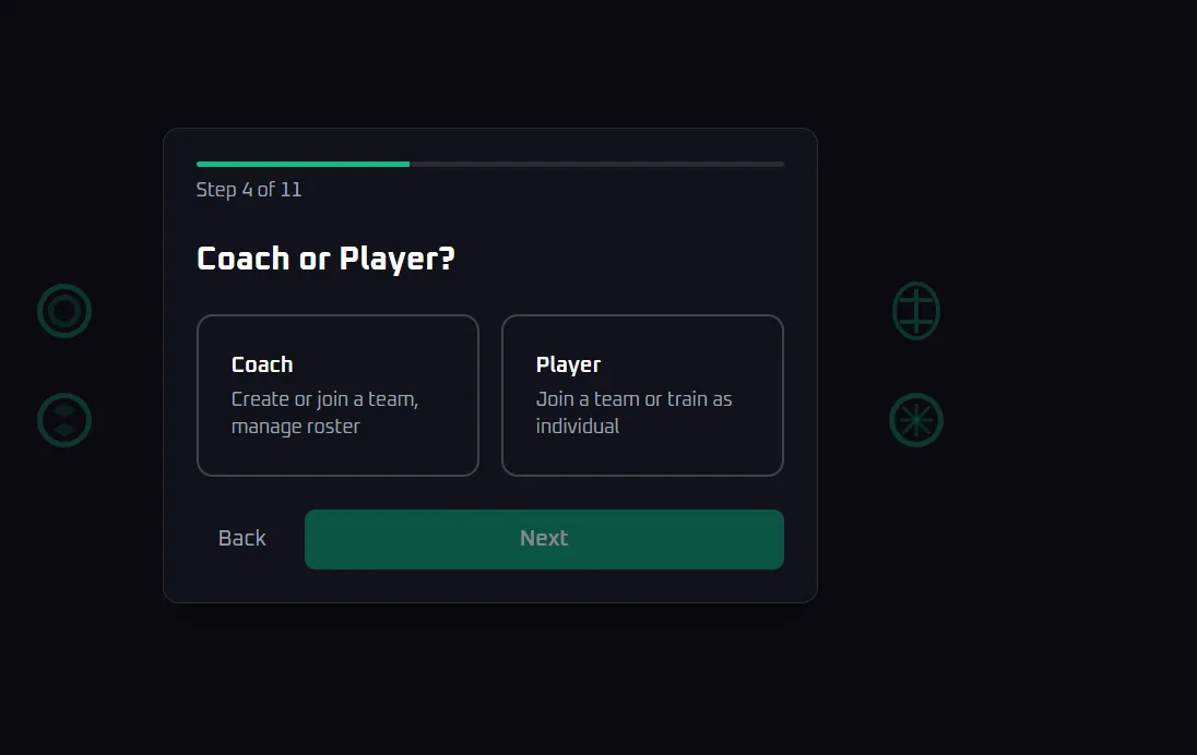 Onboarding screen to choose Coach or Player