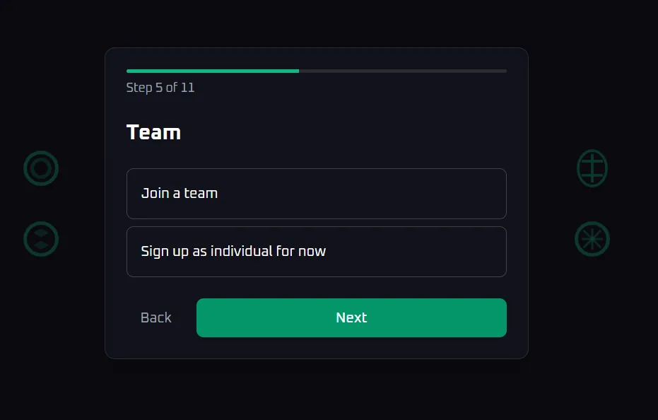 Onboarding screen to join a team or sign up as individual